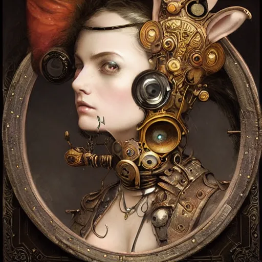 Image similar to tom bagshaw, curiosities carnival, soft paint of a single beautiful female in a full steampunk armor, rabbit - ear helm ornate, symmetry accurate features, focus, very intricate ultrafine details, award winning masterpiece