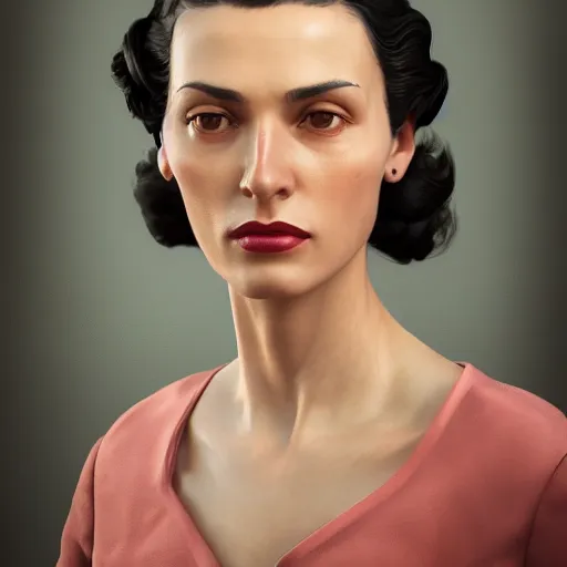 Image similar to A videogame portrait of a Spanish young woman in her 40's with high cheekbones. Good bone structure. Dressed in 1940s style. Highly detailed, fine Art, high detail, great lighting, 8k resolution, masterpiece, concept art, illustration, clear eyes, painting oil on canvas, octane render, HDR, trending on artstation, 4k, 8k, HD