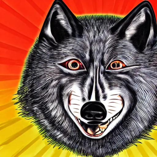 Image similar to portrait of retarded wolf, eyes in different directions, vivid colors, propaganda style, it looks sick, very ugly face, missing teeth