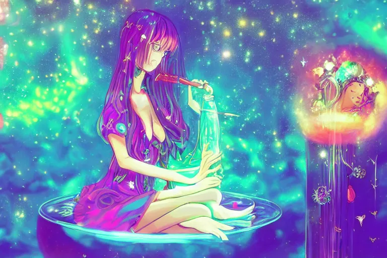 Image similar to psychedelic, whimsical, anime, 4k, beautiful lusty woman smoking a bong, with professional makeup, long trippy hair, a crystal and flower dress, sitting on a reflective pool, surrounded by gems, underneath the stars, rainbow fireflies, trending on patreon, deviantart, twitter, artstation, volumetric lighting, heavy contrast, art style of Greg Rutkowski and Miho Hirano