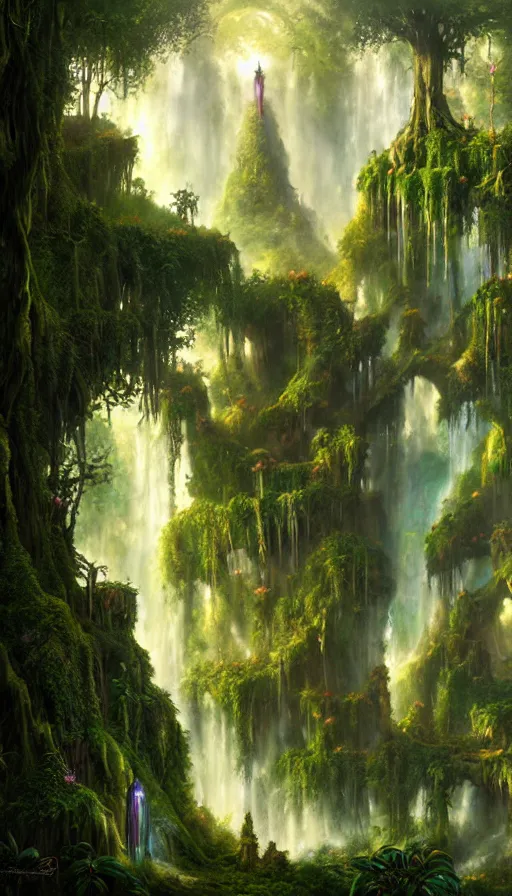 Image similar to fairy palace, castle towers, waterfall of gold and gems, gnarly trees, lush vegetation, forest landscape, painted by tom bagshaw, raphael lacoste, eddie mendoza, alex ross concept art matte painting