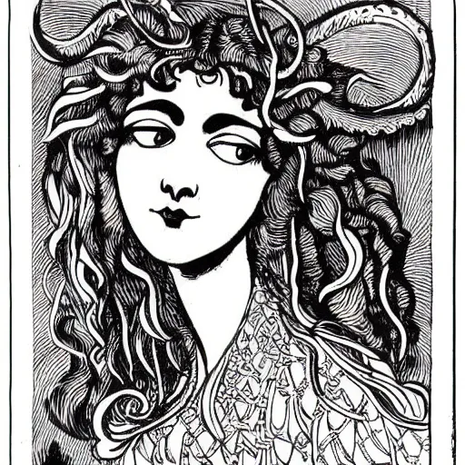 Prompt: filigree detailed illustration of a profile of gypsy girl with long curly hair and big goat horns, aubrey beardsley, woodcut