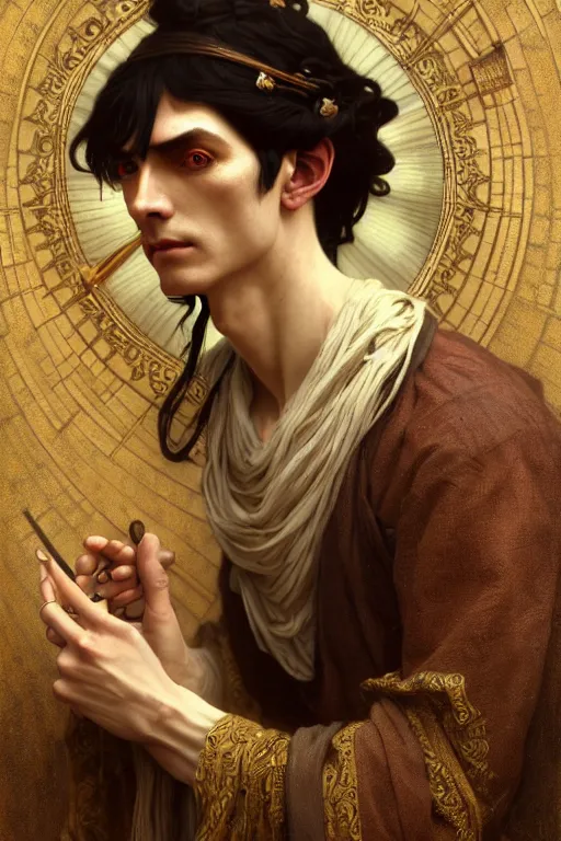 Prompt: ultra realistic, thin man in peasant clothes, black hair, brown eyes, occult jewelry, fantasy, intricate details, eerie, highly detailed, octane render, 8 k, art by artgerm and alphonse mucha and greg rutkowski