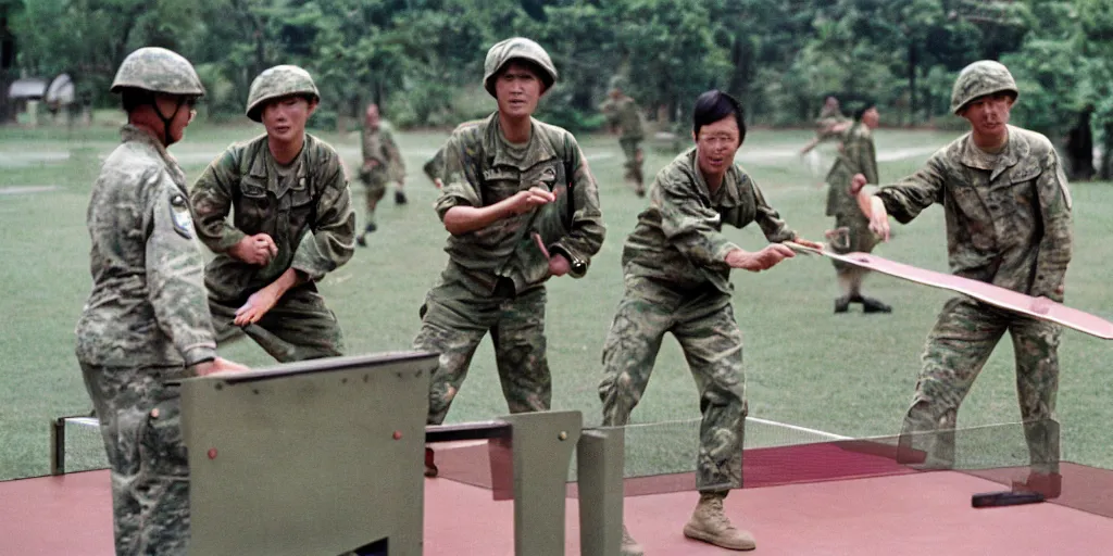 Image similar to u. s. soldiers in vietnam war, u. s. soldiers playing ping - pong on the base, portrait closeup, face closeup, coloured film photography, ken burns photography, lynn novick photography