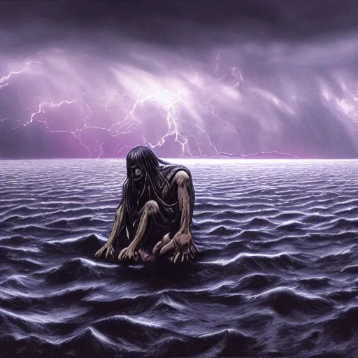 Image similar to a weeping demon crouching in the middle of a shallow sea, purple sky and black clouds, by Dan Seagrave and by Dan Witz, hd, 8k resolution, high detail