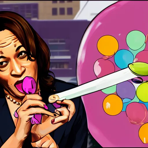 Image similar to gta 5 cover art of kamala harris eating a lolli - pop