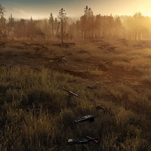 Image similar to war torn battlefield outside of a forest, crashed plane, dragon flies overhead, golden hour, ray tracing reflection, 8k, hyper realistic, insainly detailed, hdr, octan render,