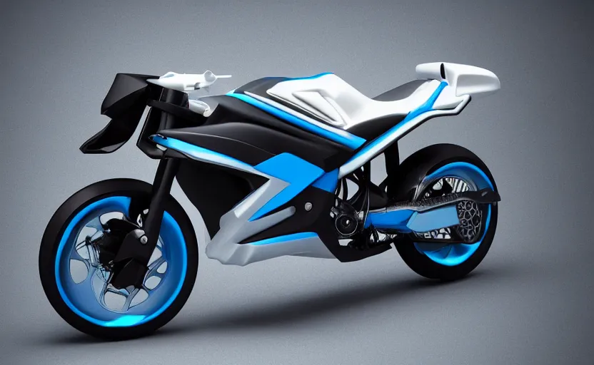 Prompt: futuristic suzuki, dakar motorbike, symmetrical mechanical features, designed by professional artist, fog, industrial design, northen lights background, brushed white and blue paint, black wheel rims, hard surfaces modelling, show room scene, dramatic lighting, hyper realistic rendering, octane, depth of field, bokeh effect, 1 5 0 mm, 4 k