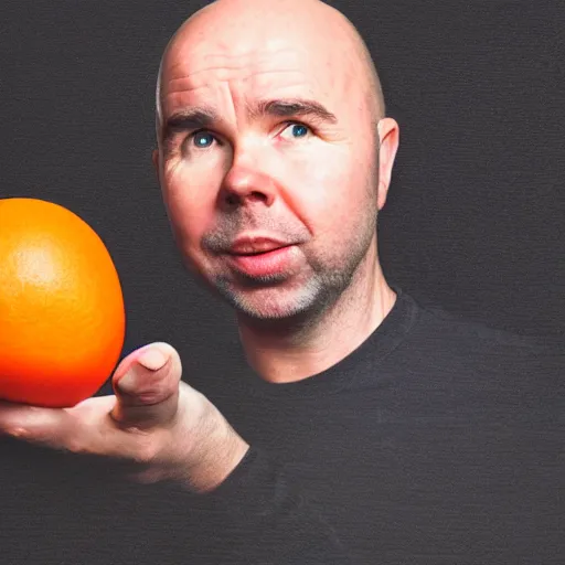 Prompt: Portrait of Karl Pilkington, holding a tangerine, realisitic, highly detailed