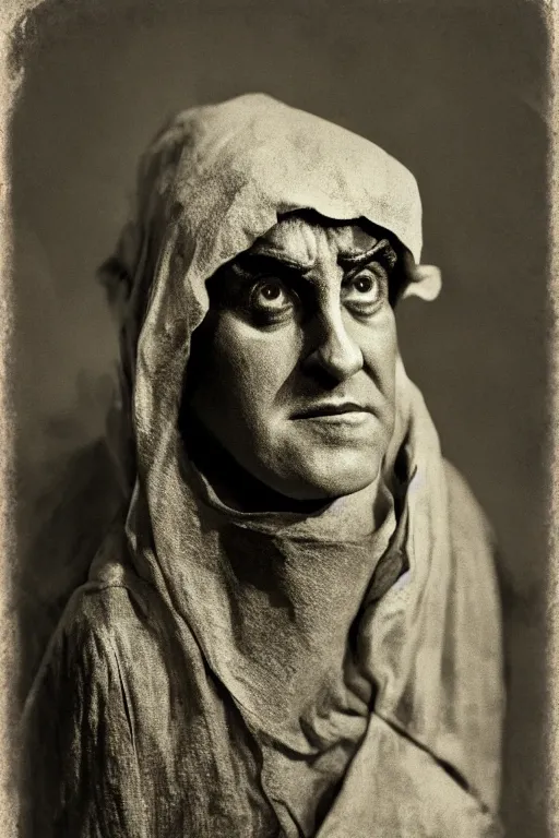 Image similar to orko, portrait, full body, symmetrical features, silver iodide, 1 8 8 0 photograph, sepia tone, aged paper, sergio leone, master prime lenses, cinematic