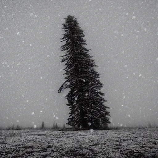 Prompt: a large, monolithic taiga tree in the artic. snowing, grainy, overcast sky.