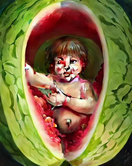 Image similar to an baby living inside a giant watermelon womb, watermelon amber, watermelon womb, highly detailed, digital painting, artstation, concept art, smooth, sharp focus, illustration, art by artgerm and greg rutkowski and alphonse mucha