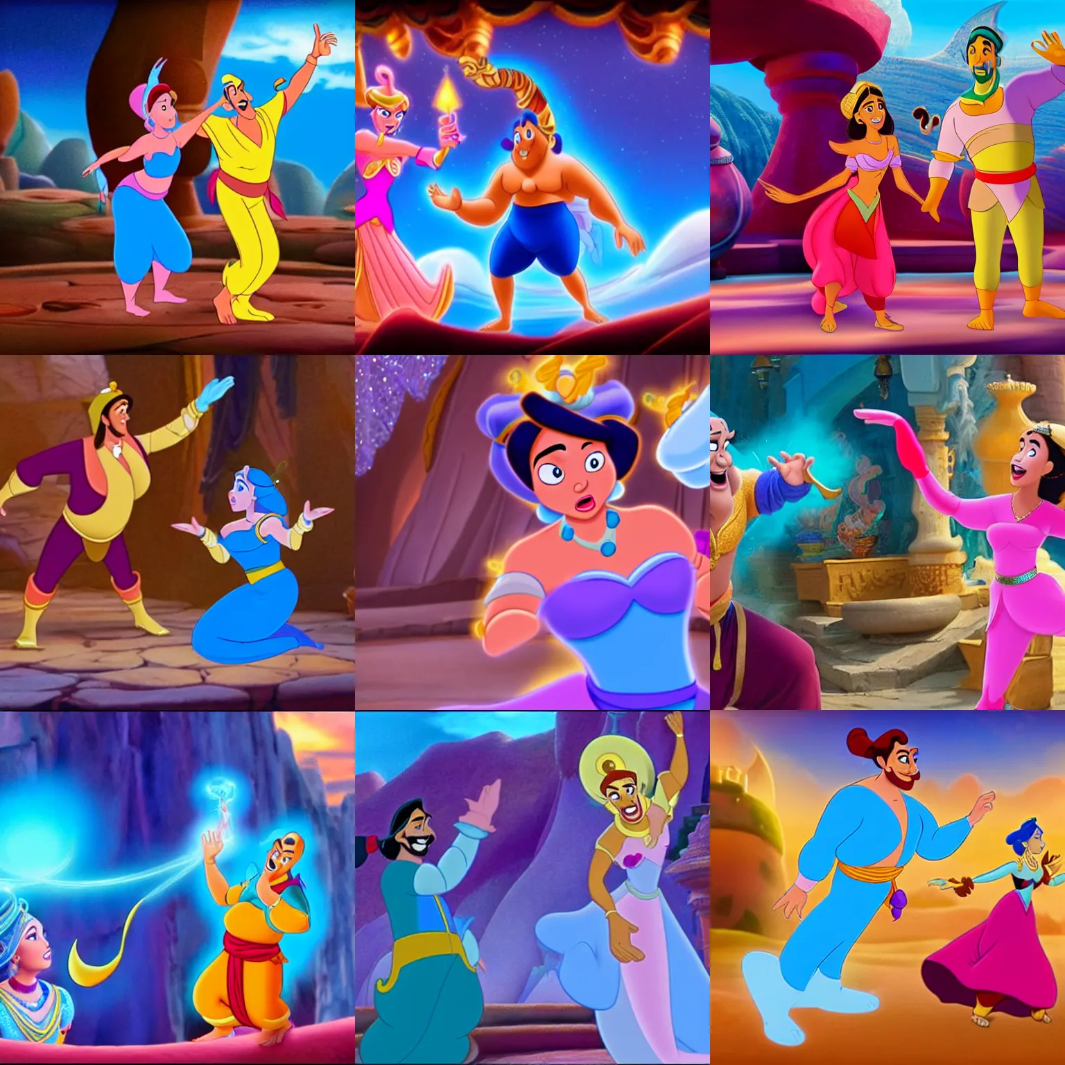 Prompt: magical genie floating next to a surprised shocked woman who is dressed as a genie, screenshot aladdin movie disney cartoon