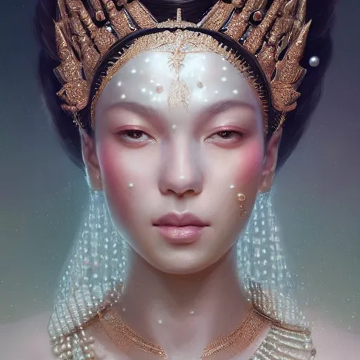 Image similar to a beautiful portrait of a pearl goddess with glittering skin by greg rutkowski and raymond swanland, trending on artstation, ultra realistic digital art