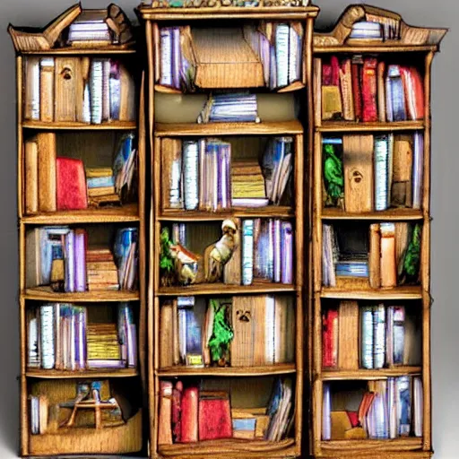 Image similar to enchanted bookshelves, in the style of colin thompson, highly detailed, playful fantasy.