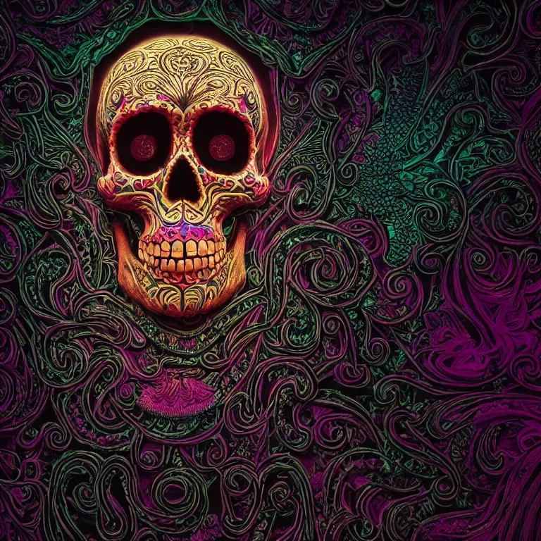 Image similar to a highly detailed photographic render of intricately carved sugar skull, psychedelic, black background, neon light, intricate ornament, gilding, horror, dark fantasy, beautifully lit, ray traced, octane 3D render in the style of Gerald Brom and James Gurney, sharp focus, HD, 8k