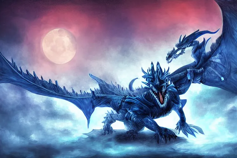 Image similar to an screaming blue and white dragon wearing armor, digital art, moonlight, blue mist, blue smoke,