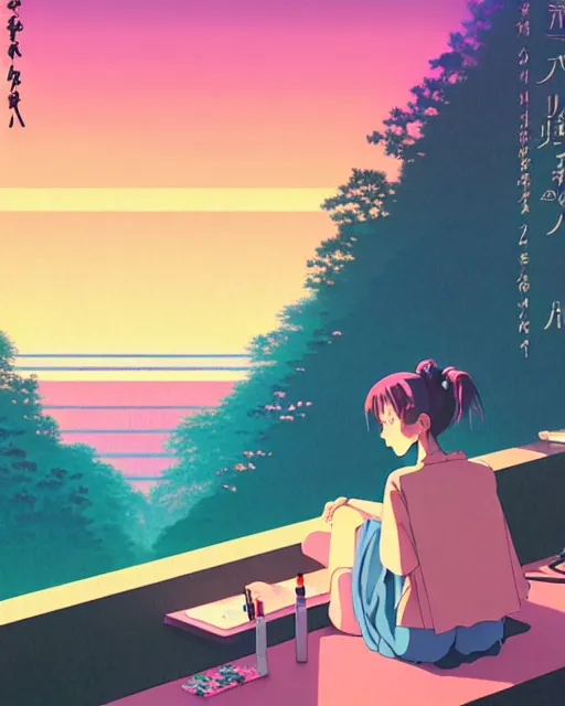 Image similar to detailed aesthetic vaporwave illustration of a lofi girl sitting in her studio studying anime digital art award winning scenery cinematic scene sunset in japan by studio ghibli and seerlight
