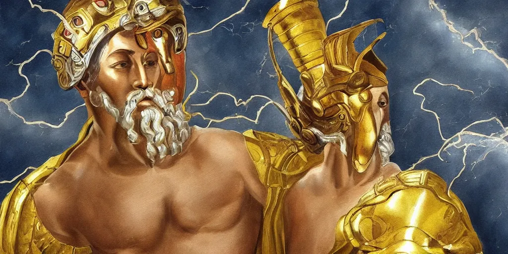 Image similar to a beautiful painting of zeus with his gold armor ready for a battle, with his lightning.