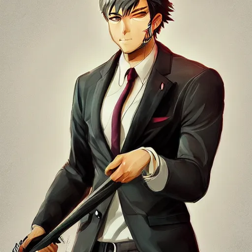 Prompt: wolf in suit, holding brush, anime, artgerm, wlop, artstation, detalied, high quality,