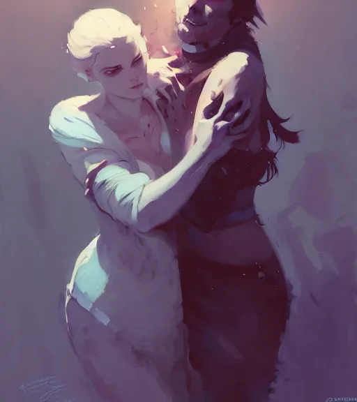 Image similar to portrait of anders from dragon age hugging a beautiful woman by atey ghailan, by greg rutkowski, by greg tocchini, by james gilleard, by joe fenton, by kaethe butcher, dynamic lighting, gradient light blue, brown, blonde cream and white color scheme, grunge aesthetic