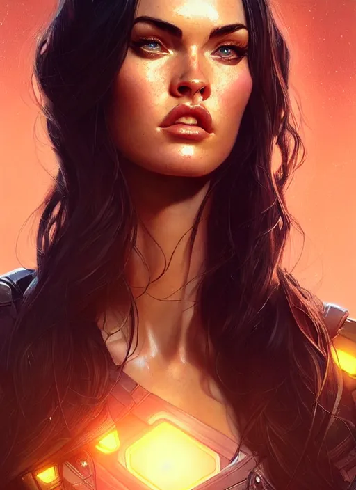 Image similar to portrait of apex legends megan fox, intricate, elegant, glowing lights, highly detailed, digital painting, artstation, glamor pose, concept art, smooth, sharp focus, illustration, art by artgerm and greg rutkowski, artey freytag