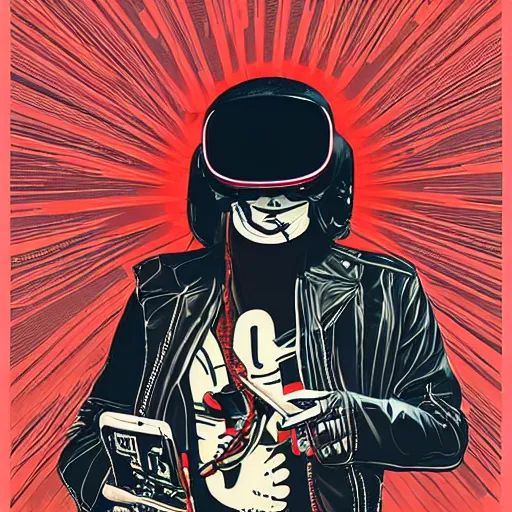 Image similar to Illustrated by Shepard Fairey and H.R. Geiger | Cyberpunk Michael Jackson with VR helmet, surrounded by cables