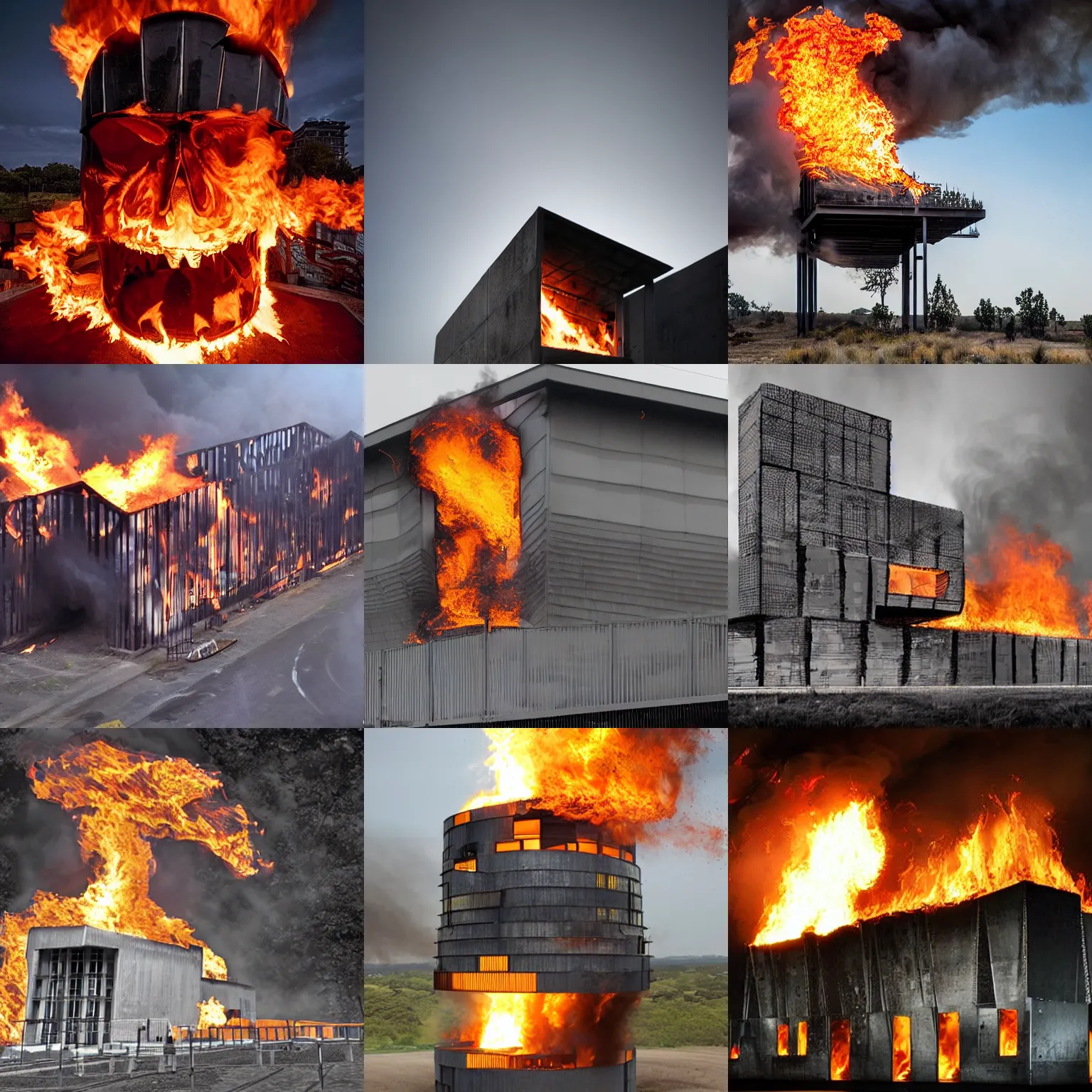 Prompt: angry architecture made of steel and fire