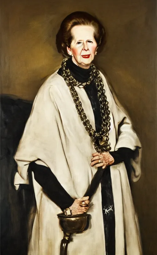 Image similar to an oil portrait of margaret thatcher in ceremonial robe holding a chained distressed serval, high quality, artstation, higly detailed, art by velaquez rubens and francisco goya, dark lighting