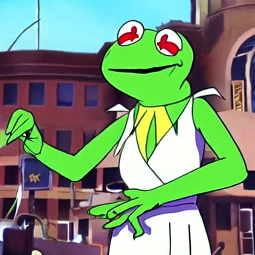 Image similar to kermit the frog in kill la kill, anime