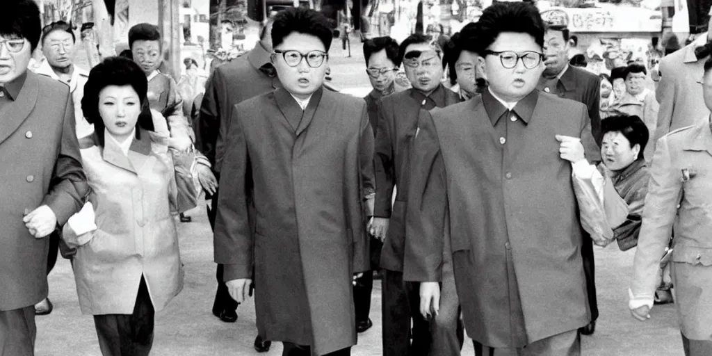 Image similar to kim jong - il walking in 1 9 6 0 s pyongyang, epic thriller in the style of ghost in the shell by mamoru oshii