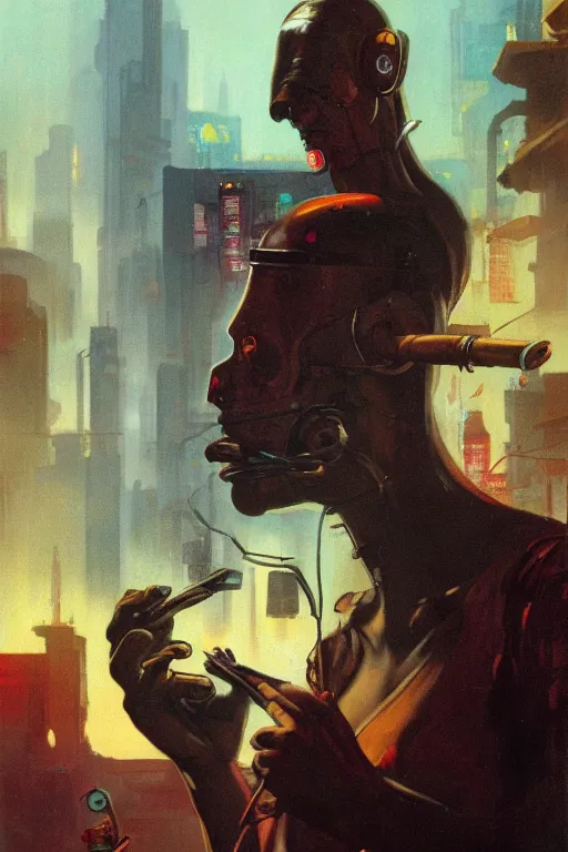 Image similar to An android smoking a cigar in a cyberpunk city, by Frank Frazetta, Trending on Artstation, highly detailed,