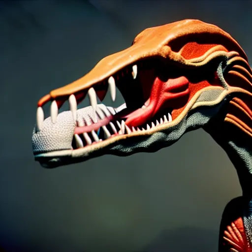 Prompt: a velociraptor with electric collars around its body infected by an alien implant, photorealistic 3 d octane render, unreal engine