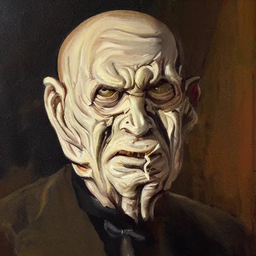 Prompt: a painting of an old man wearing a scary fleshy mask