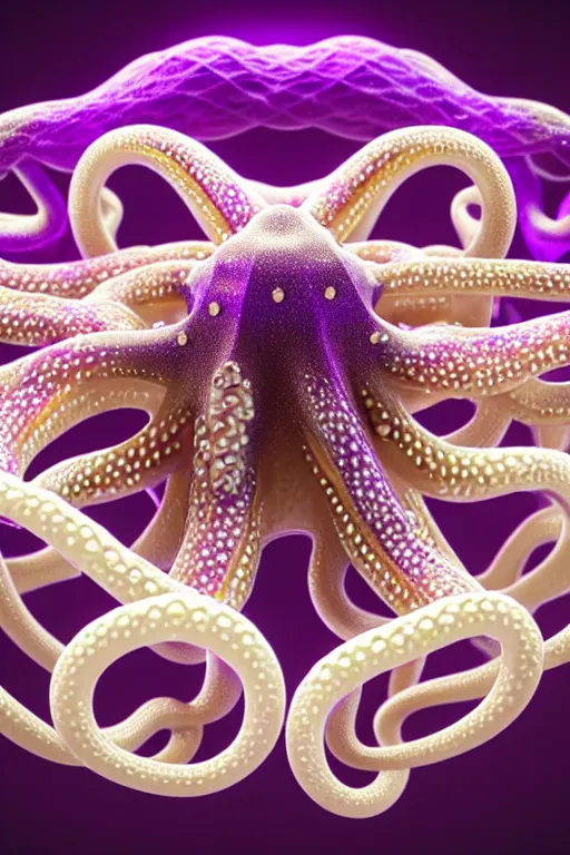 Prompt: 3 d sculpture white intertwined octopus tentacles, floating in dark purple galaxy, gold details, very detailed, highly intricate, ornate, dramatic lighting, pearlescent, octane render, 8 k,