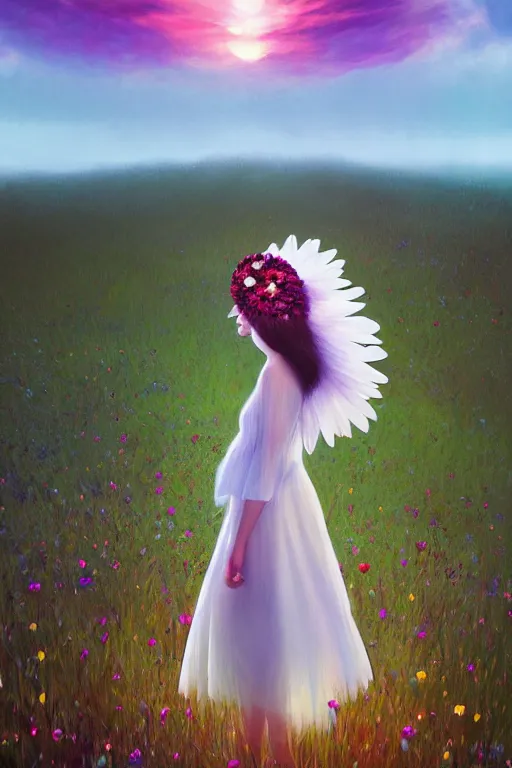 Image similar to giant white daisy flower crown head, veil girl walking in a flower field, surreal photography, sunrise, dramatic light, impressionist painting, colorful clouds, digital painting, artstation, simon stalenhag