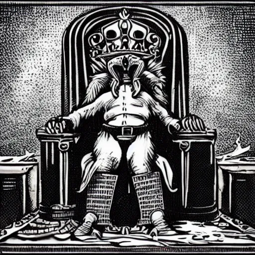 Prompt: the king of sewer rats upon his throne, surrounded by his court