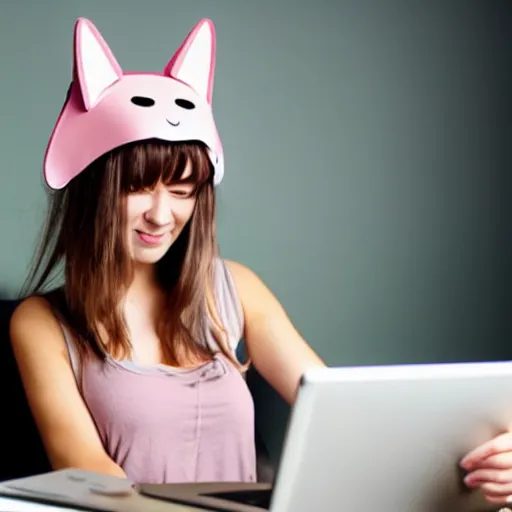 Prompt: cute woman wearing tank top and cat ears plays on computer