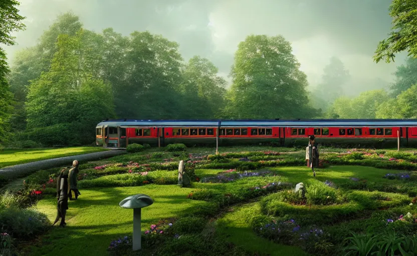 Image similar to exterior shot of utopian train station on in the middle of an english garden with cinematic lighting by peter zumthor and renzo piano, darek zabrocki and greg ruthkowski, simon stalenhag, cinematic, holy place, paradise, scifi, futurism, atmospheric, concept art, artstation, trending on artstation