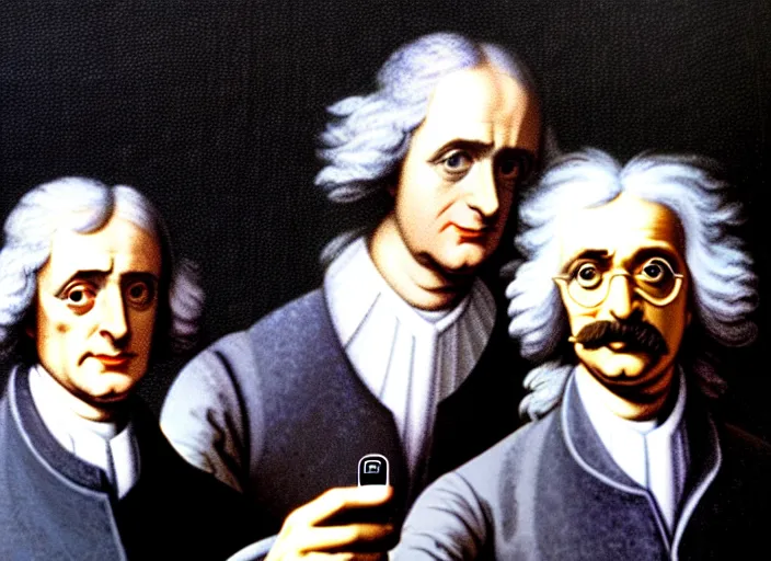 Prompt: selfie of isaac newton and stephen hawkins and albert einstein