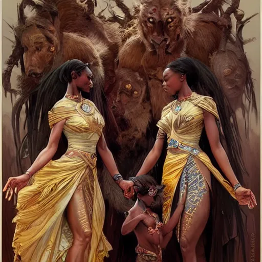 Prompt: three beautiful Zulu holding hands , intricate, elegant, highly detailed, digital painting, artstation, concept art, smooth, sharp, focus, illustration, art by artgerm and greg rutkowski and alphonse mucha