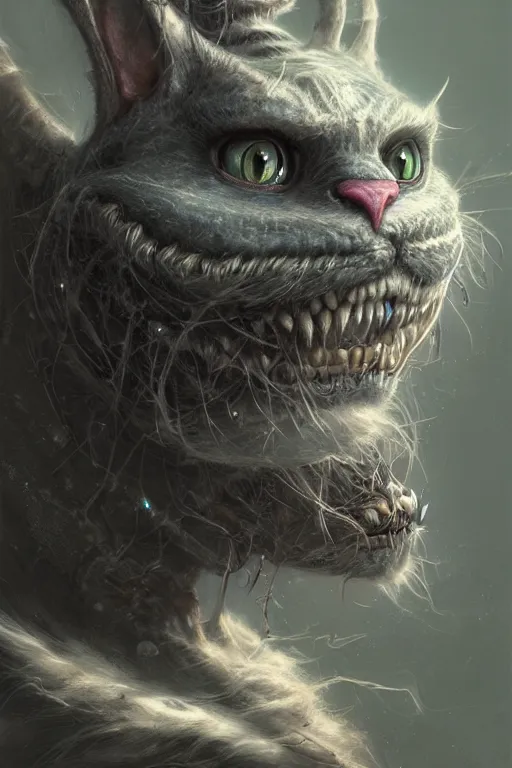 Image similar to cheshire cat, head only, by wlop, by luis royo, by peter mohrbacher, intricate, masterpiece, elegant, super detailed, unreal engine rendering, concept art, smooth, hard focus, sharp focus illustration, artstation hq