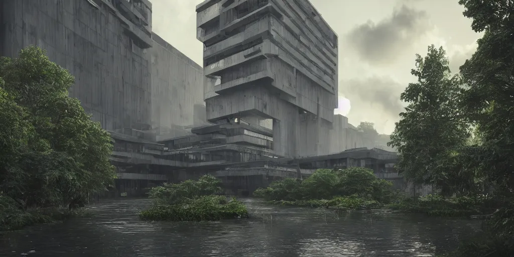 Image similar to brutalist architecture, a stunningly detailed building, surrounded by lush green forest, ponds of water, stunning volumetric lighting, sunset, metal, concrete, stunning skies, trending on Artstation, 8k, photorealistic, hyper detailed, unreal engine 5, IMAX quality, cinematic, epic lighting, in the style of Greg Rutkowski