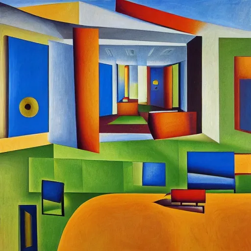 Image similar to a large room with a green lawn in the middle of it, a cubist painting by gilberto soren zaragoza, cg society, modernism, symmetrical, cubism, windows vista