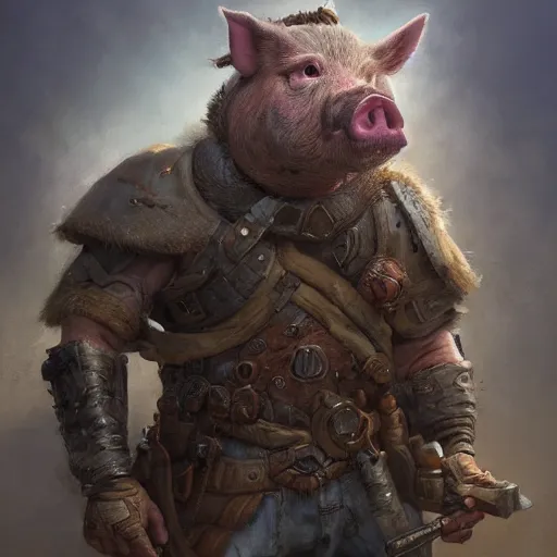 Prompt: a detailed portrait of a post - apocalyptic warrior pig dressed with a rugged armor, by justin gerard and greg rutkowski, digital art, realistic painting, dnd, character design, trending on artstation