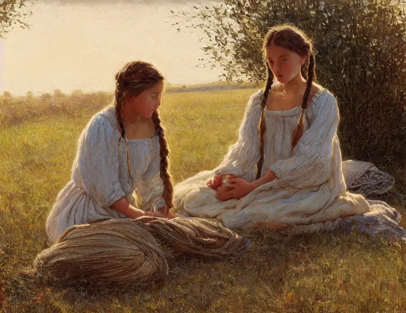 Prompt: peasant girl with long braids sits and knits from yarn, cottage core, cinematic focus, polaroid photo, vintage, neutral colors, soft lights, foggy, by steve hanks, by serov valentin, by lisa yuskavage, by andrei tarkovsky, by terrence malick, 8 k render, detailed, oil on canvas