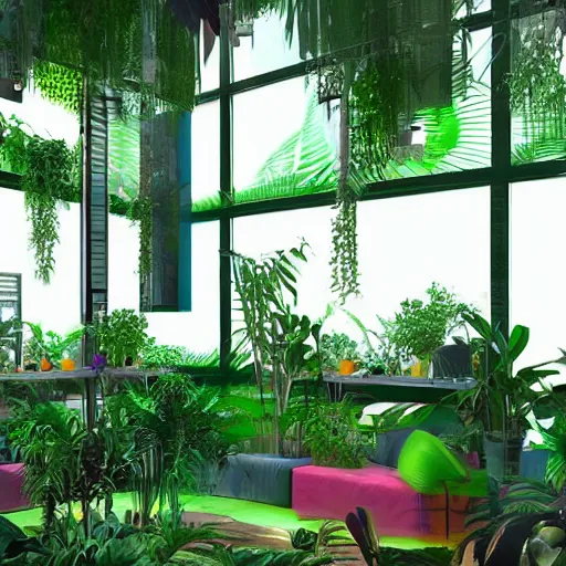 Prompt: interior concepts of solar punk futuristic greenhouse apartments in a tropical forest setting. vivid colors mixes with dusty moody lighting. architectural concepts inspired by dune 2 0 4 9, 8 k, photorealism