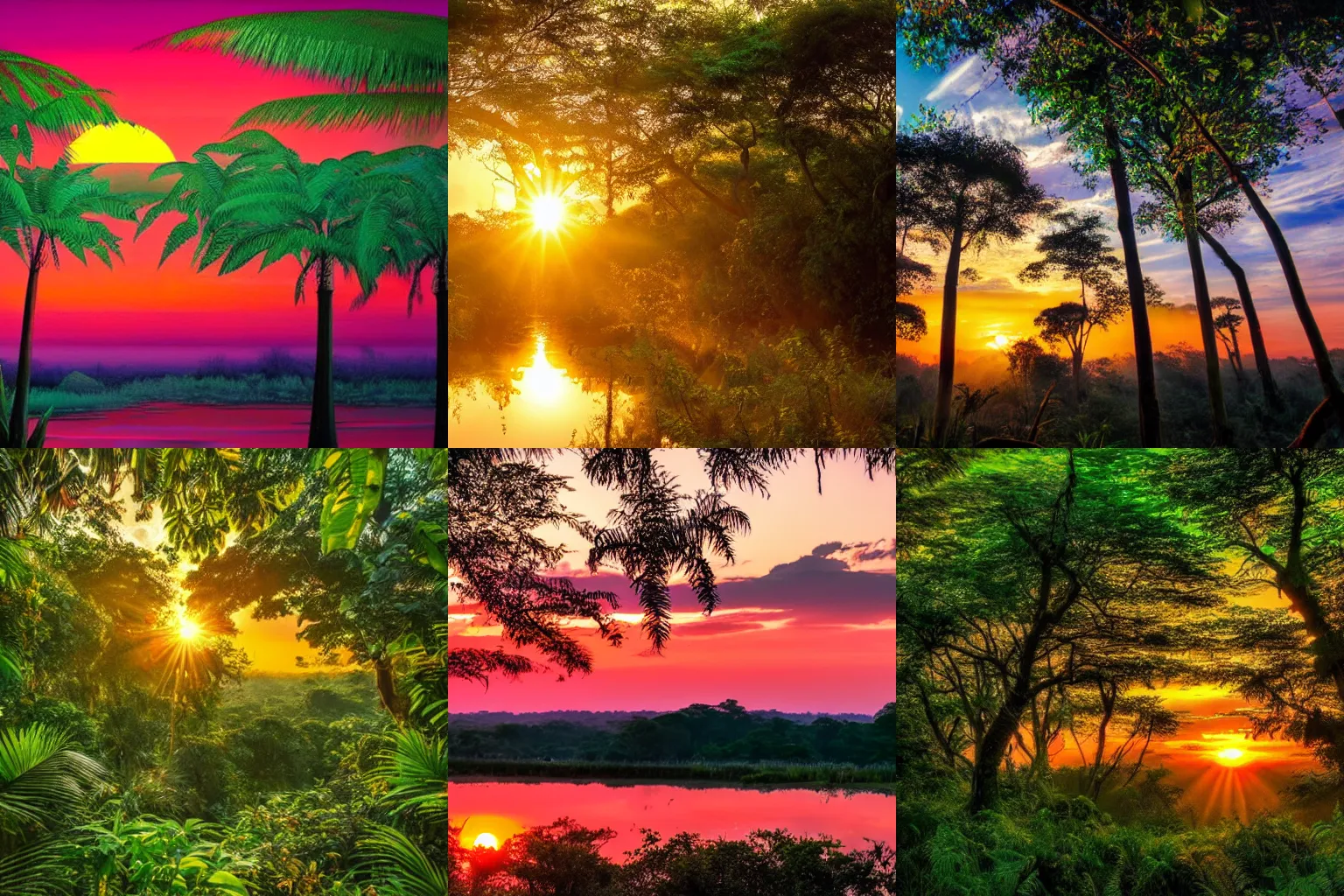 Prompt: beautiful sunrise in a vibrant jungle