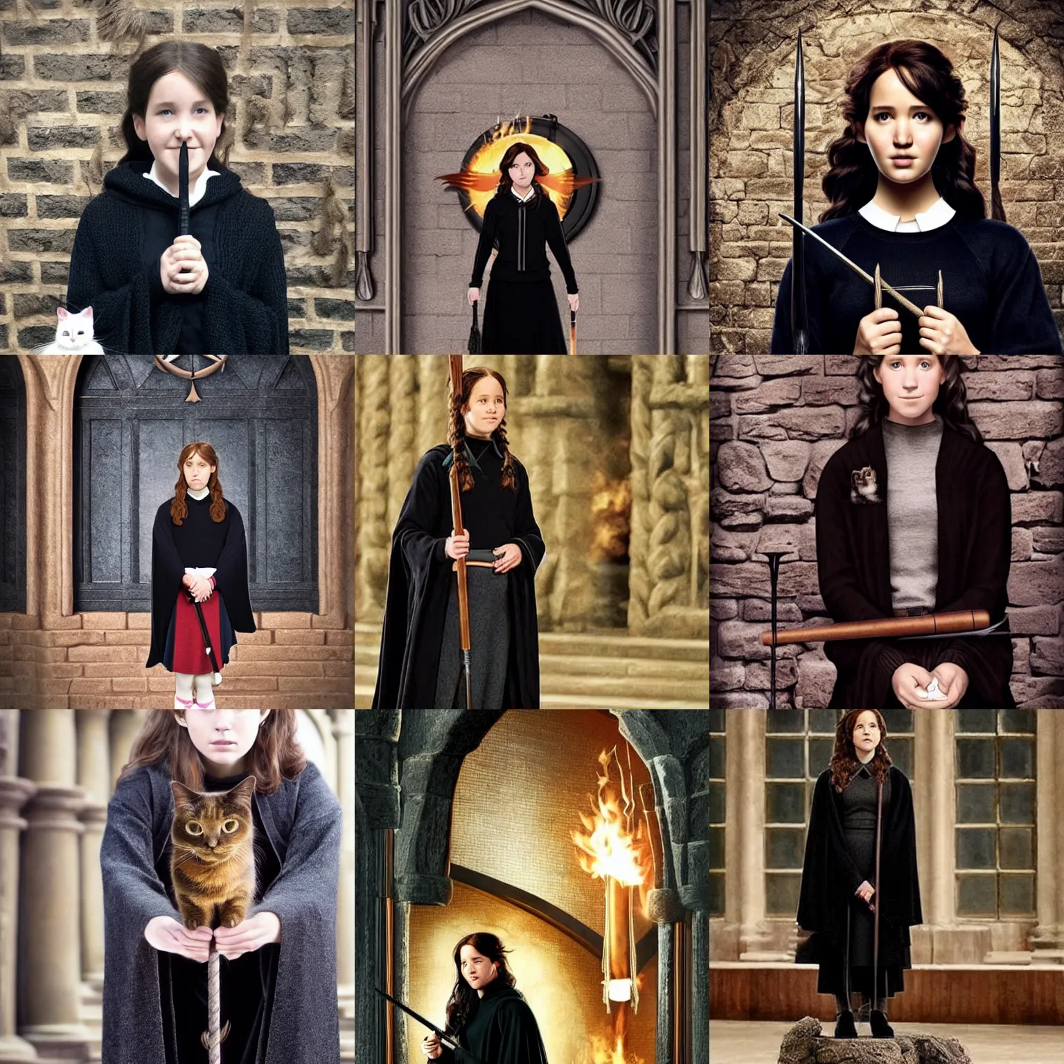 Prompt: ( ( ( ( ( katniss everdeen ) ) ) ) ) as a hermione granger, black wool sweater, cloak, skirt, holding wand, black cat at her feet, hogwarts great hall
