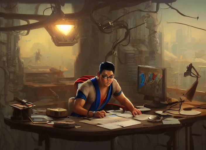 Image similar to an insanely detailed painting of an asian man wearing a homemade superhero costume, sitting at a desk, staring seriously at the computer and typing, in the style of peter mohrbacher, james jean, artgerm, dramatic lighting and composition, surreal background, octane render, pixar, trending on artstation, concept art, comic book, view from behind, 8 k